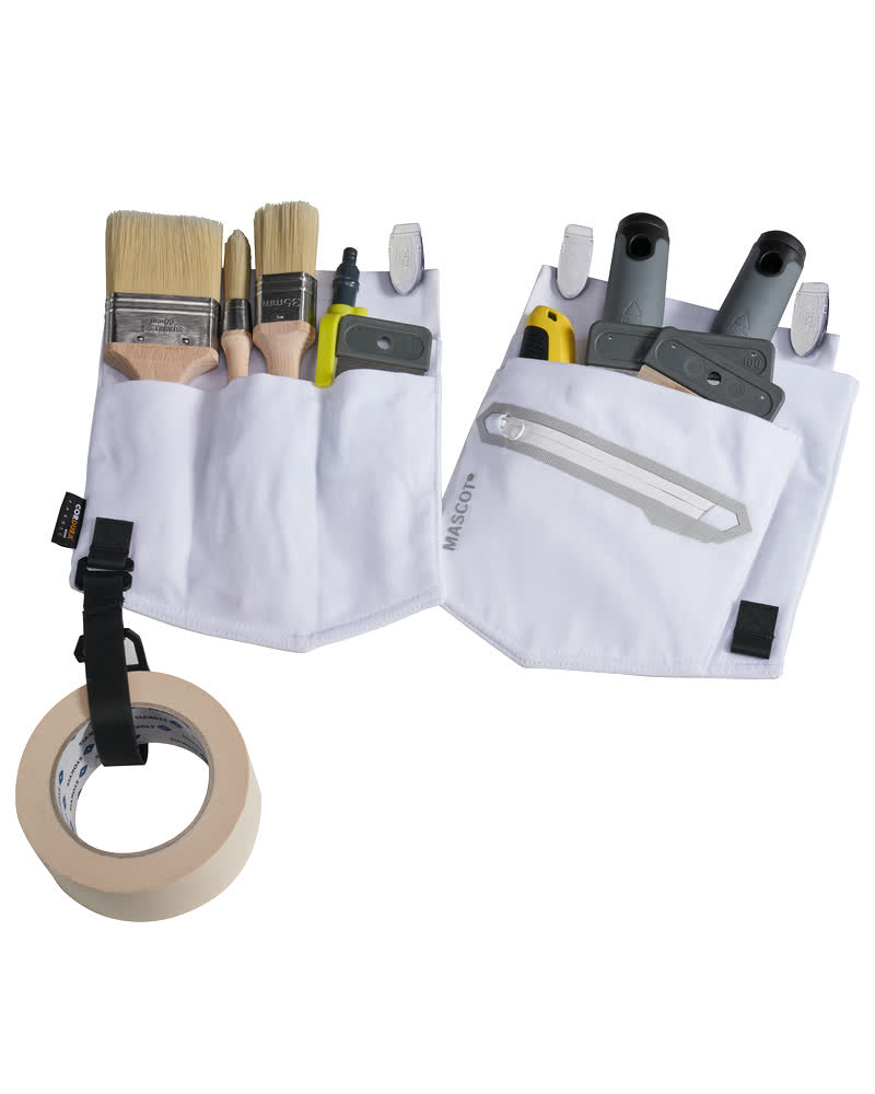 MASCOT® CUSTOMIZED Hängetaschen für Maler in Weiß, Set mit 2 robusten Werkzeugtaschen, vielen Fächern, Reißverschlussfach und Halter für Malerband, kompatibel mit Click Pocket System