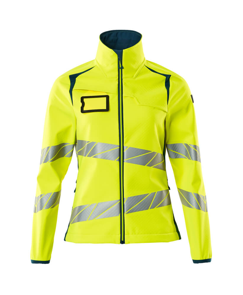 MASCOT® ACCELERATE SAFE Softshelljacke in Damenpassform, Hi-Vis Gelb/Dunkelpetroleum, Größe 2XL, mit Reflexstreifen für Winterwarnschutz