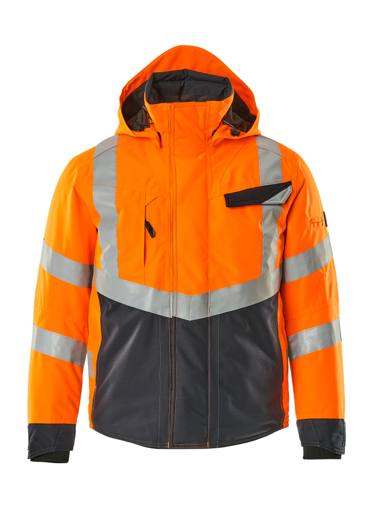 MASCOT® Hastings SAFE SUPREME Winterjacke, fluoreszierend orange/schwarzblau mit Reflexstreifen, Kapuze und verlängertem Rücken für hohen Kälteschutz