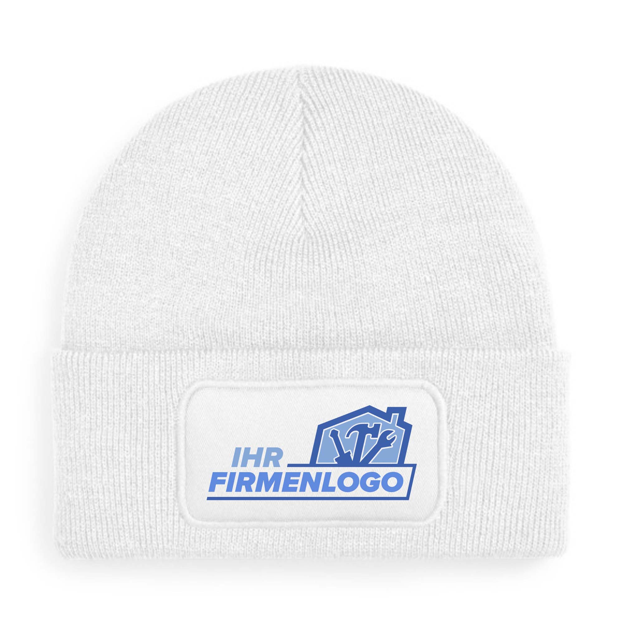 Weiße Handwerker Beanie Wintermütze mit Firmenlogo-Patch