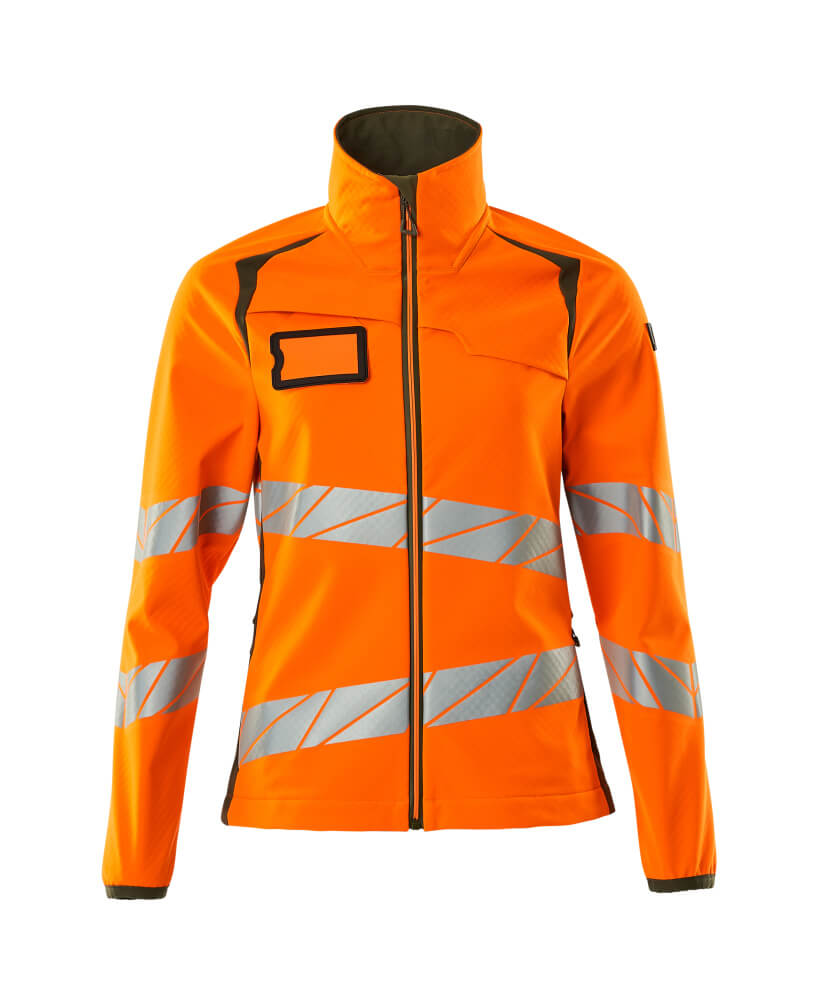 MASCOT® ACCELERATE SAFE Softshelljacke für Damen in Hi-Vis Orange/Moosgrün, Größe 2XL, zweifarbige Winterwarnschutzjacke mit Reflexstreifen vorne