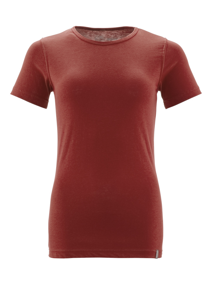 Figurnahes Damen T-Shirt in Rot mit Rundhalsausschnitt und kurzen Ärmeln auf weißem Hintergrund
