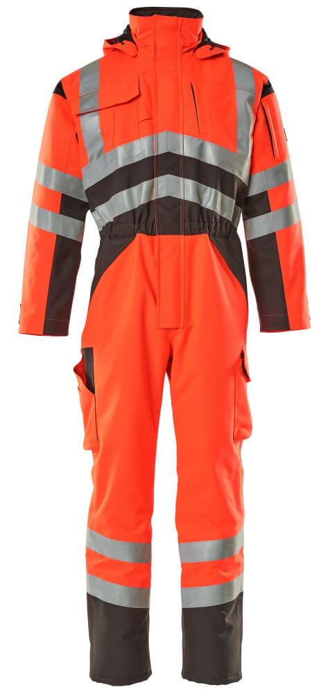 MASCOT® Safara SAFE YOUNG Winteroverall in Hi-Vis Rot/Dunkelanthrazit, zweifarbig mit schrägen Reflexstreifen, atmungsaktiv, wind- und wasserdicht, gefütterte abnehmbare Kapuze