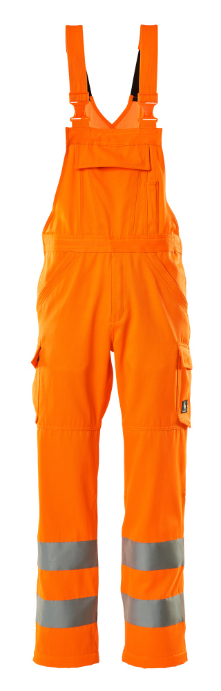 MASCOT® SAFE LIGHT Latzhose in fluoreszierendem Hi-Vis Orange mit Reflexstreifen, verstellbaren Stoffträgern, Latztasche und Schenkeltaschen für Warnschutzarbeiten