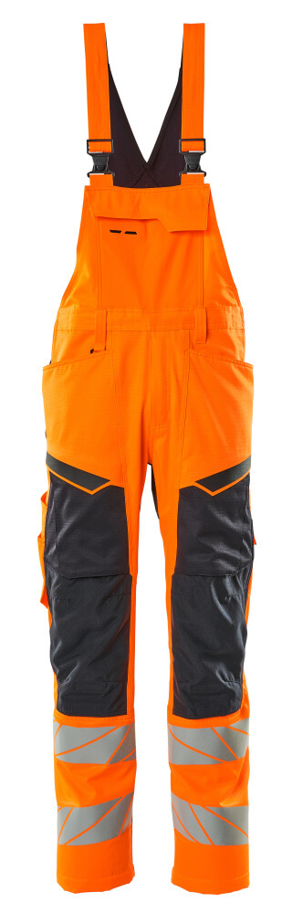 MASCOT® ACCELERATE SAFE zweifarbige Warnschutz-Latzhose Hi-vis Orange/Schwarzblau mit Knietaschen, Reflexstreifen, Stretchzonen und ergonomischen Hosenbeinen