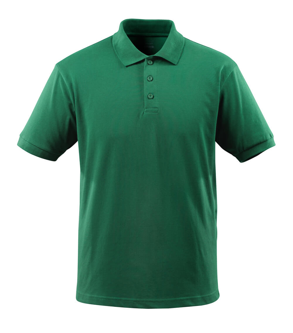 Produktabbildung: grünes Herren Poloshirt aus Baumwolle mit Kragen, kurzer Knopfleiste und kurzen Ärmeln vor weißem Hintergrund