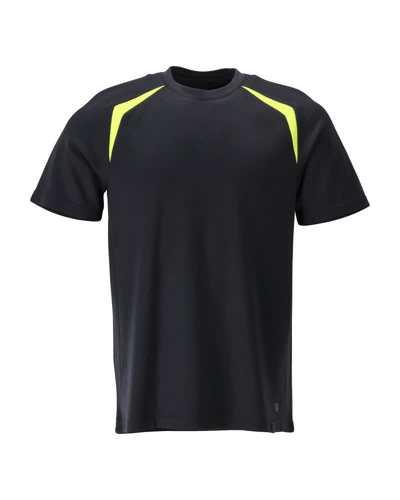 MASCOT® ACCELERATE MULTISAFE T-Shirt in Schwarzblau mit fluoreszierenden gelben Einsätzen, moderne Passform, antistatisch, flammhemmend und mit UV-Schutz, Vorderansicht