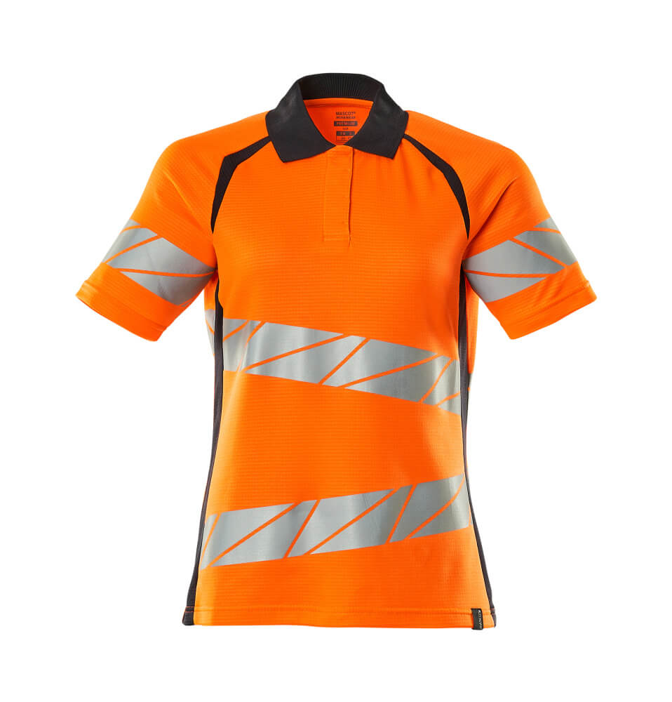 MASCOT® ACCELERATE SAFE Damen-Polo-Shirt in fluoreszierendem Orange/Schwarzblau mit schrägen, elastischen Reflexstreifen, taillierter Schnitt, Warnschutz-Arbeitskleidung