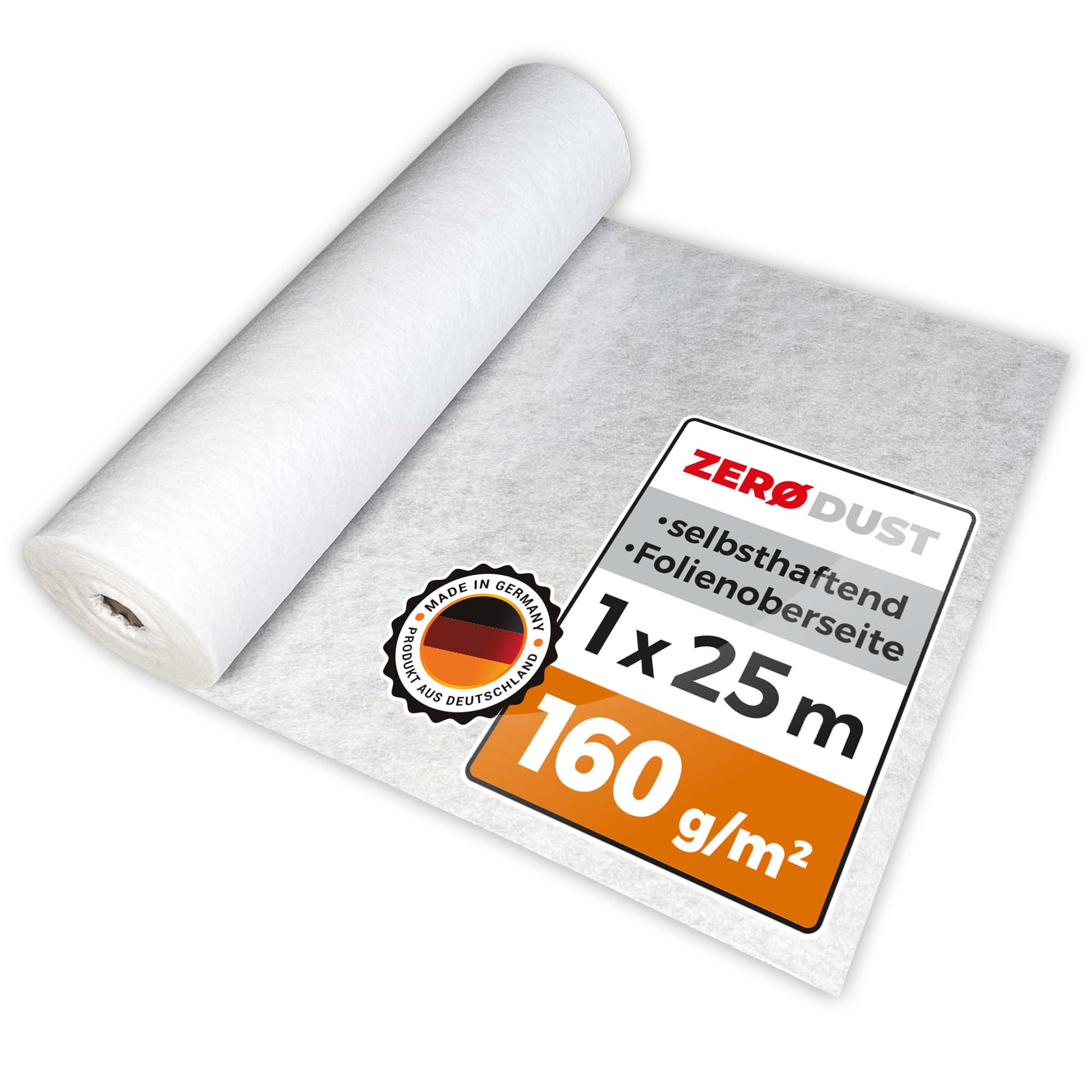 Rolle ZERODUST Schutzvlies, selbsthaftend mit Folienoberseite, 1 x 25 m Länge, 160 g/m² Flächengewicht, Produkt aus Deutschland