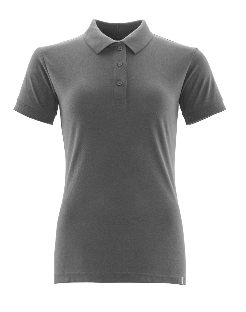 Grau meliertes Damen Poloshirt mit kurzen Ärmeln, Kragen und dreifacher Knopfleiste