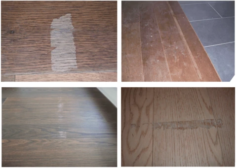 Vier Detailaufnahmen von Holzböden mit deutlichen Gebrauchsspuren, Kratzern und abgeschliffenen Stellen auf Parkett und Dielen
