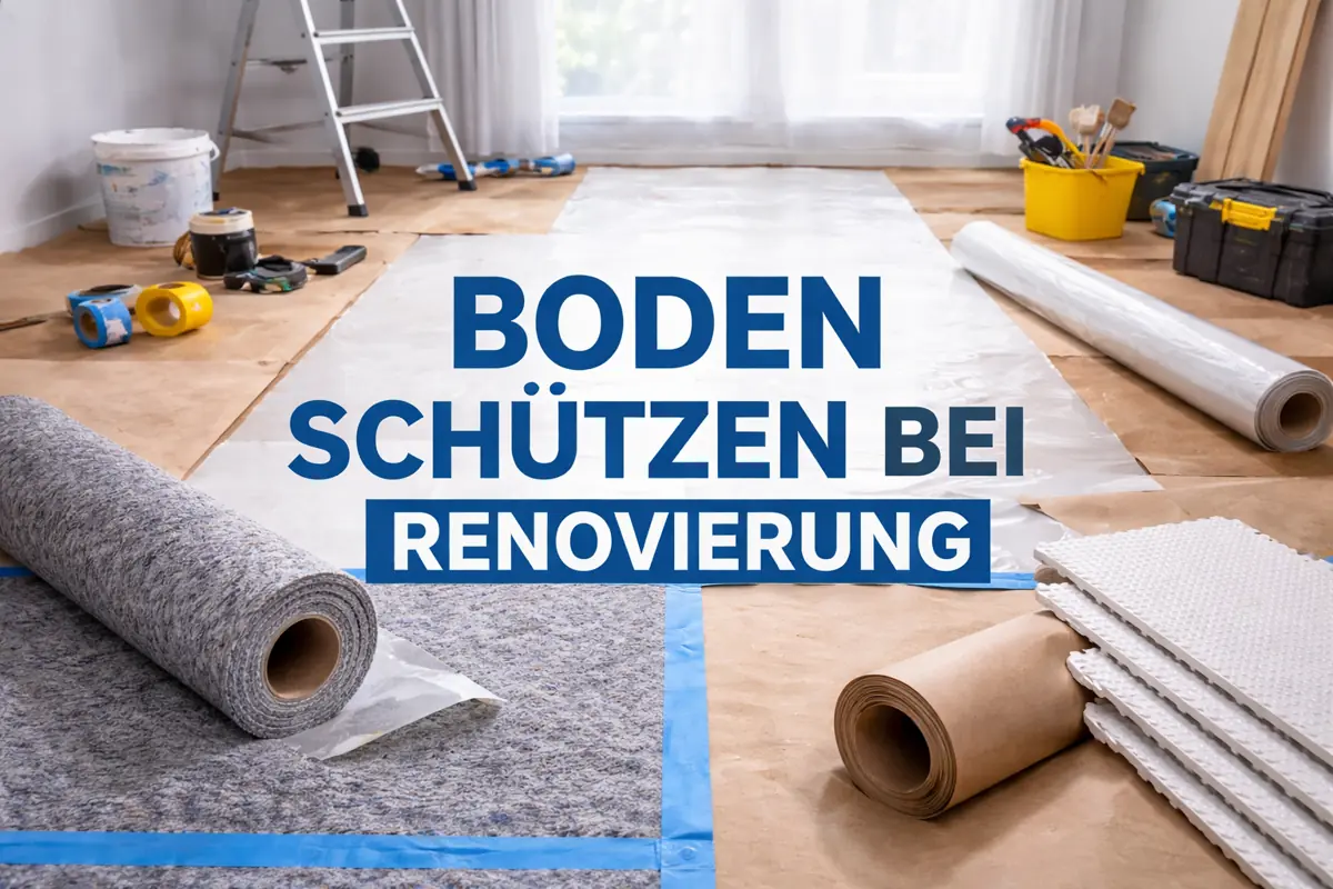 Renovierungsraum mit ausgerolltem Schutzvlies, Folie und Abdeckpapier zum Schutz des Bodens, dazu Werkzeuge, Klebeband und Leiter