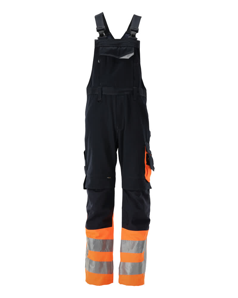 Vordere Ansicht der MASCOT® Sunderland SAFE SUPREME Latzhose mit Knietaschen, zweifarbige Warnschutzlatzhose Schwarzblau/Hi-vis Gelb 76C50 mit Reflexstreifen