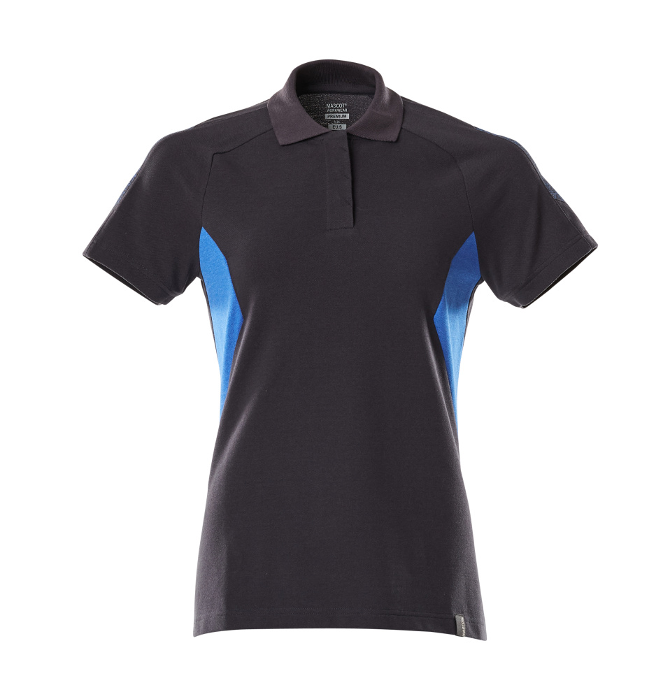 MASCOT® ACCELERATE Damen Polo-Shirt in Schwarzblau/Azurblau, taillierte Passform, Rippkragen, verdeckte Knopfleiste, robuste Arbeitsbekleidung
