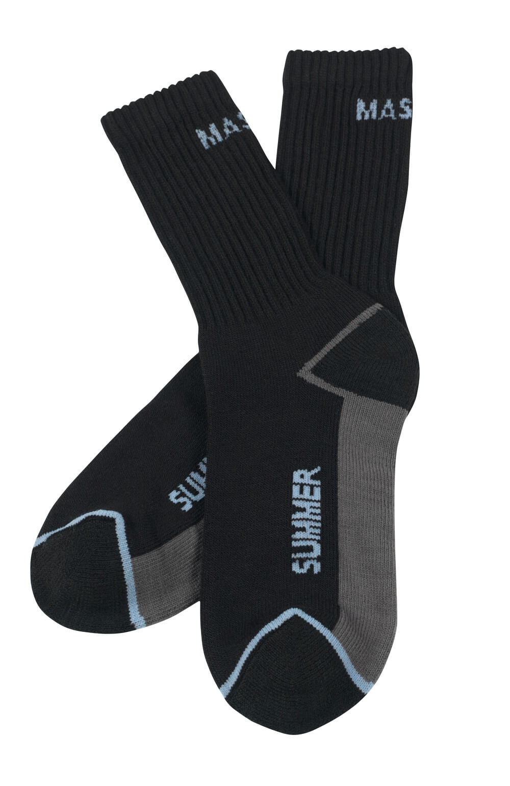 Schwarze MASCOT® Manica COMPLETE Socken mit grauen Verstärkungen an Ferse, Zehen und Sohle, atmungsaktiv und feuchtigkeitstransportierend dank COOLMAX®, ideal für robuste Arbeitsschuhe und Stiefel