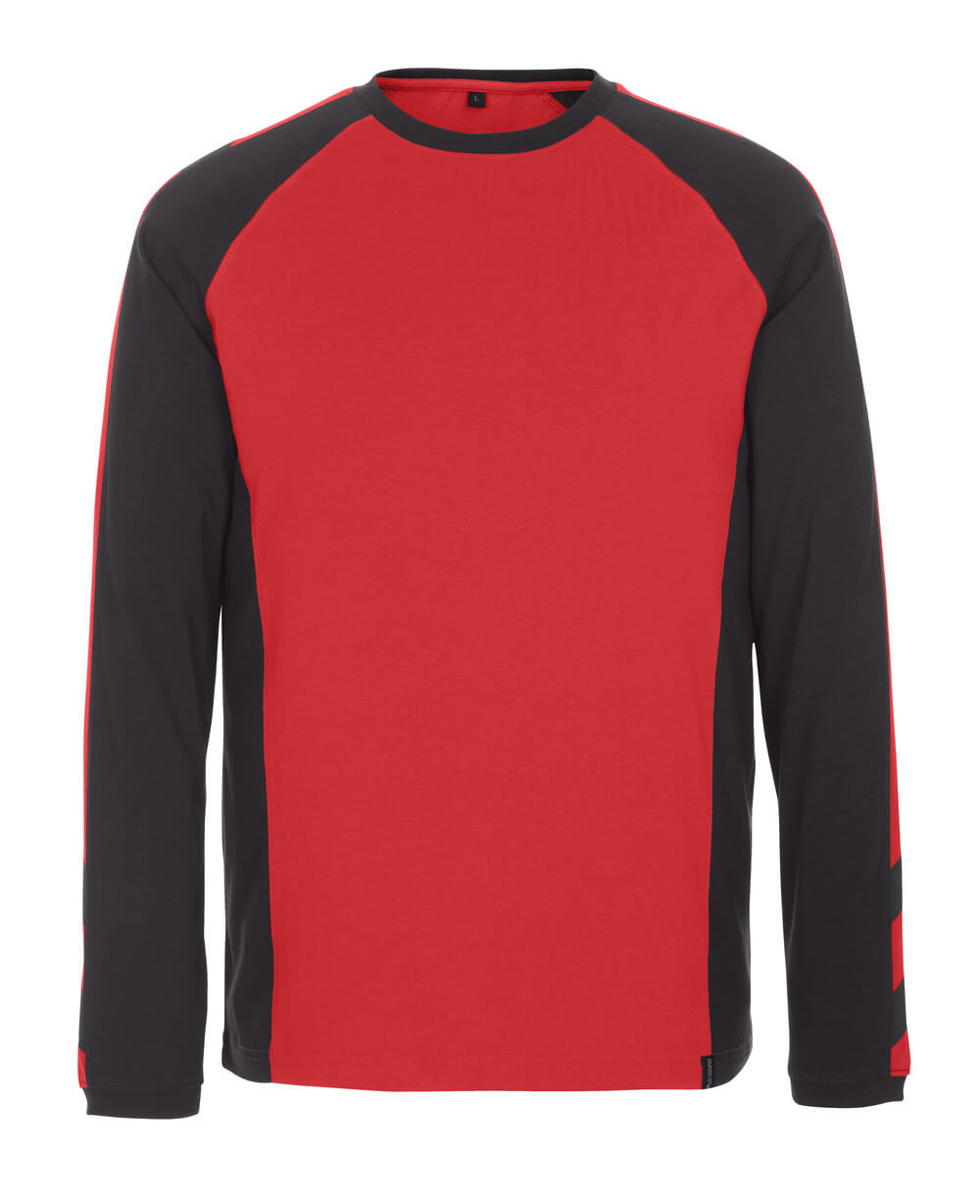 Zweifarbiges MASCOT® Bielefeld UNIQUE Langarmshirt in Rot/Schwarz, moderne körpernahe Passform aus gekämmter Baumwolle mit Rippbündchen