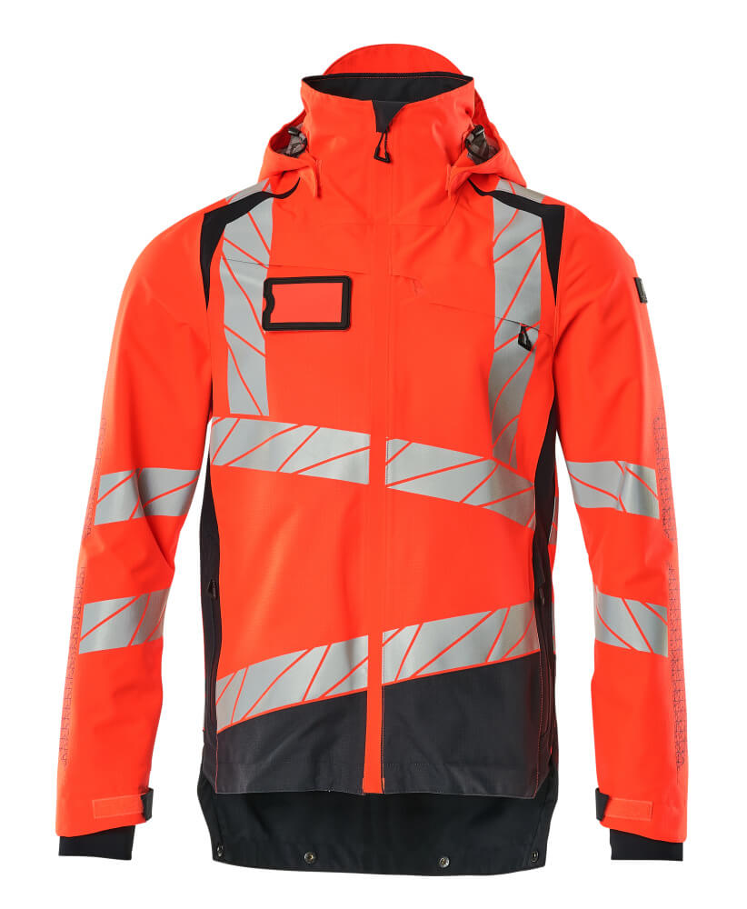Zweifarbige MASCOT® ACCELERATE SAFE Hardshelljacke in Hi-vis Rot/Schwarzblau, Größe 2XL, wasser- und winddicht mit reflektierenden Streifen für hohe Sichtbarkeit im Winter