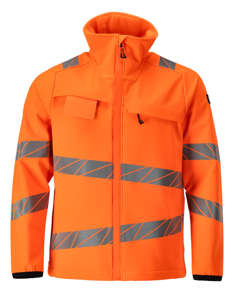 MASCOT® ACCELERATE SAFE Softshelljacke in fluoreszierendem Hi-Vis Orange, mit schrägen Reflexstreifen, Reißverschlusstaschen und Stehkragen, Größe 2XL