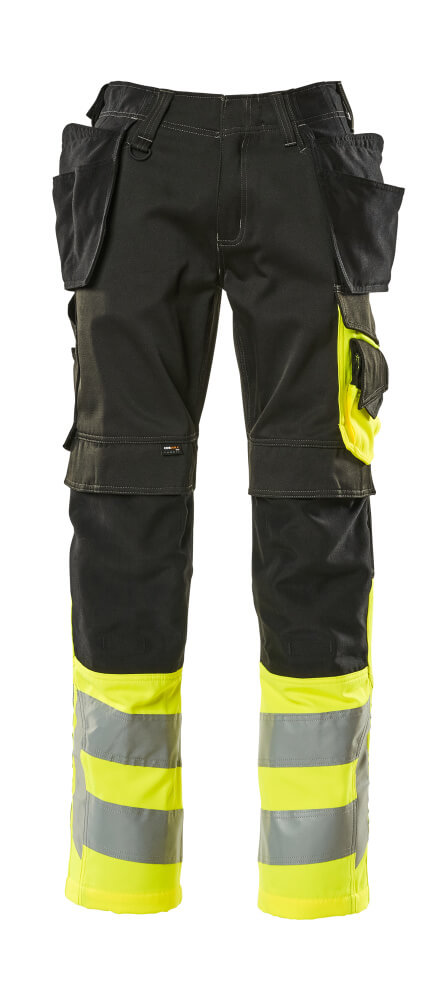 MASCOT® SAFE SUPREME Warnschutzhose mit Hängetaschen in Schwarz/Hi-vis Gelb, reflektierende Arbeitshose für hohe Sichtbarkeit, Modell 76C46
