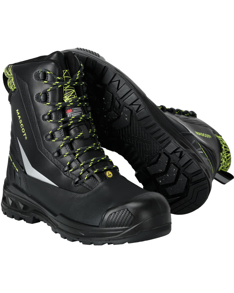Schwarze MASCOT® FOOTWEAR INDUSTRY Sicherheitsstiefel 1140 mit gelb-schwarzen Schnürsenkeln, Komposit-Zehenschutzkappe, nageldurchtrittsicherer MASCOLAYER® Sohle und rutschfester Gummilaufsohle