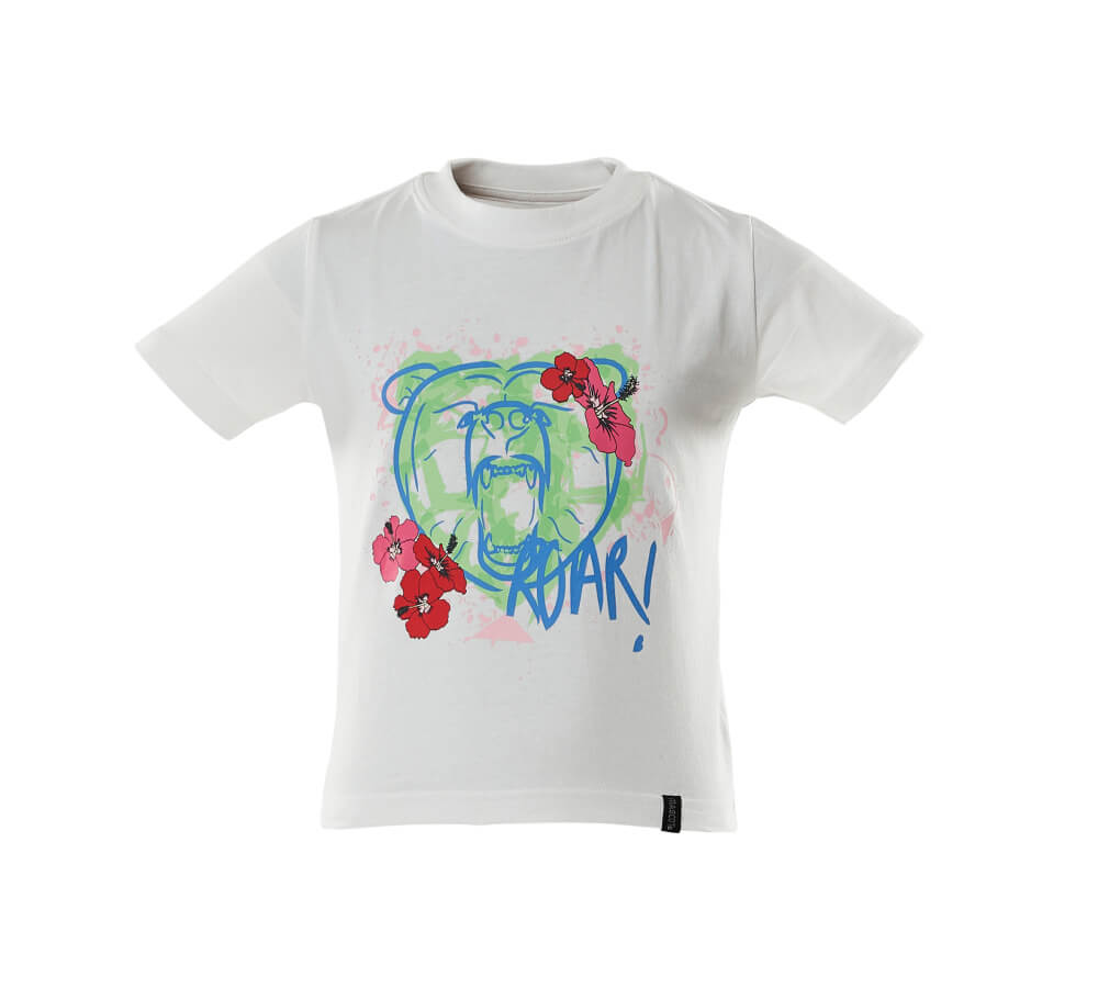 Weißes MASCOT® ACCELERATE T-Shirt für Kinder aus 100 % Baumwolle mit buntem Frontdruck: grüner Bärenkopf, Blumen und Schriftzug „ROAR!“