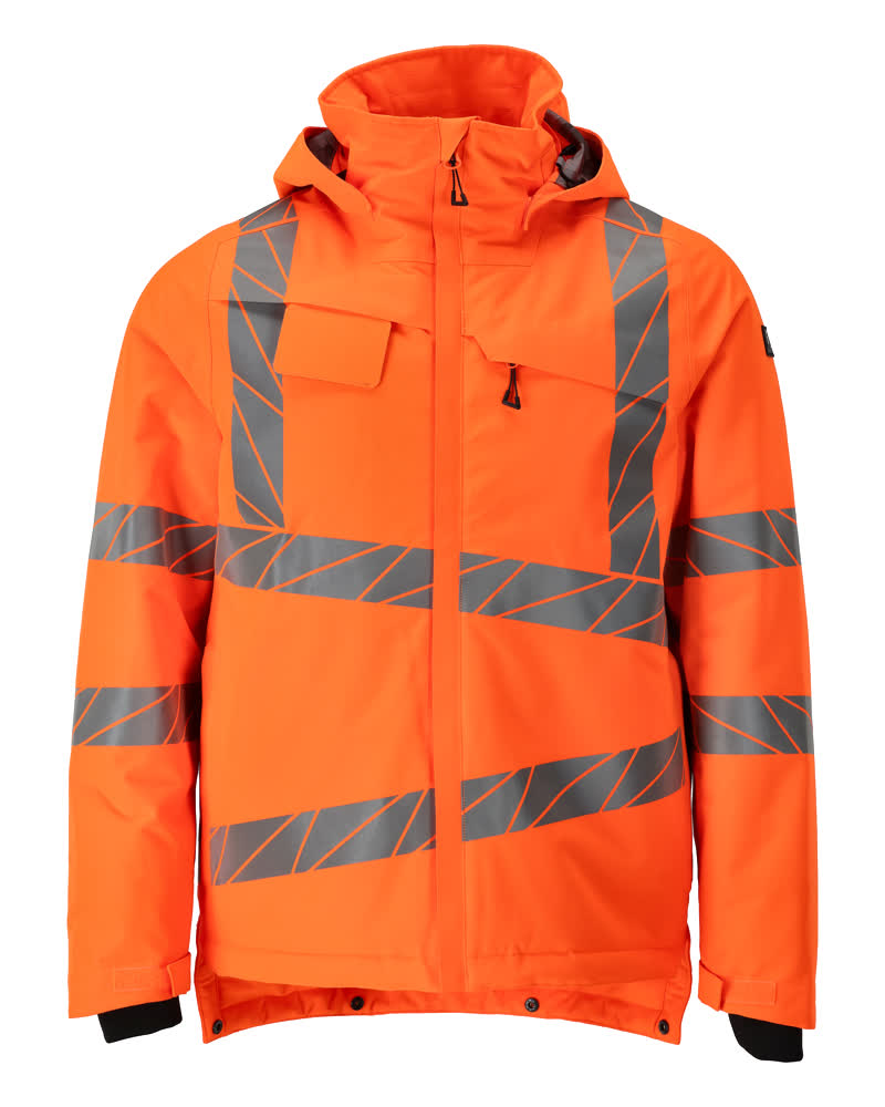MASCOT® ACCELERATE SAFE Winterjacke in fluoreszierendem Hi-Vis Orange mit schrägen Reflexstreifen, abnehmbarer Kapuze und CLIMASCOT® Isolierung, wind- und wasserdicht für Wintereinsätze