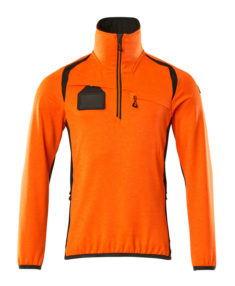 Orangefarbenes Warnschutz-Sweatshirt mit langem Arm, Stehkragen, halbem Reißverschluss und Brusttasche für Ausweis oder Handy