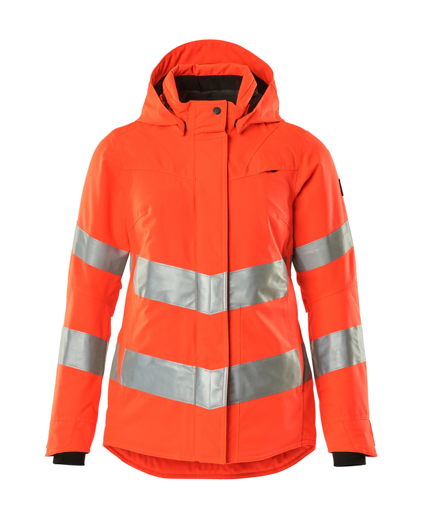 MASCOT® SAFE SUPREME Winterjacke in Hi-Vis Rot, Damenpassform Größe 2XL, zweifarbige Winterwarnschutzjacke mit breiten reflektierenden Streifen und Kapuze
