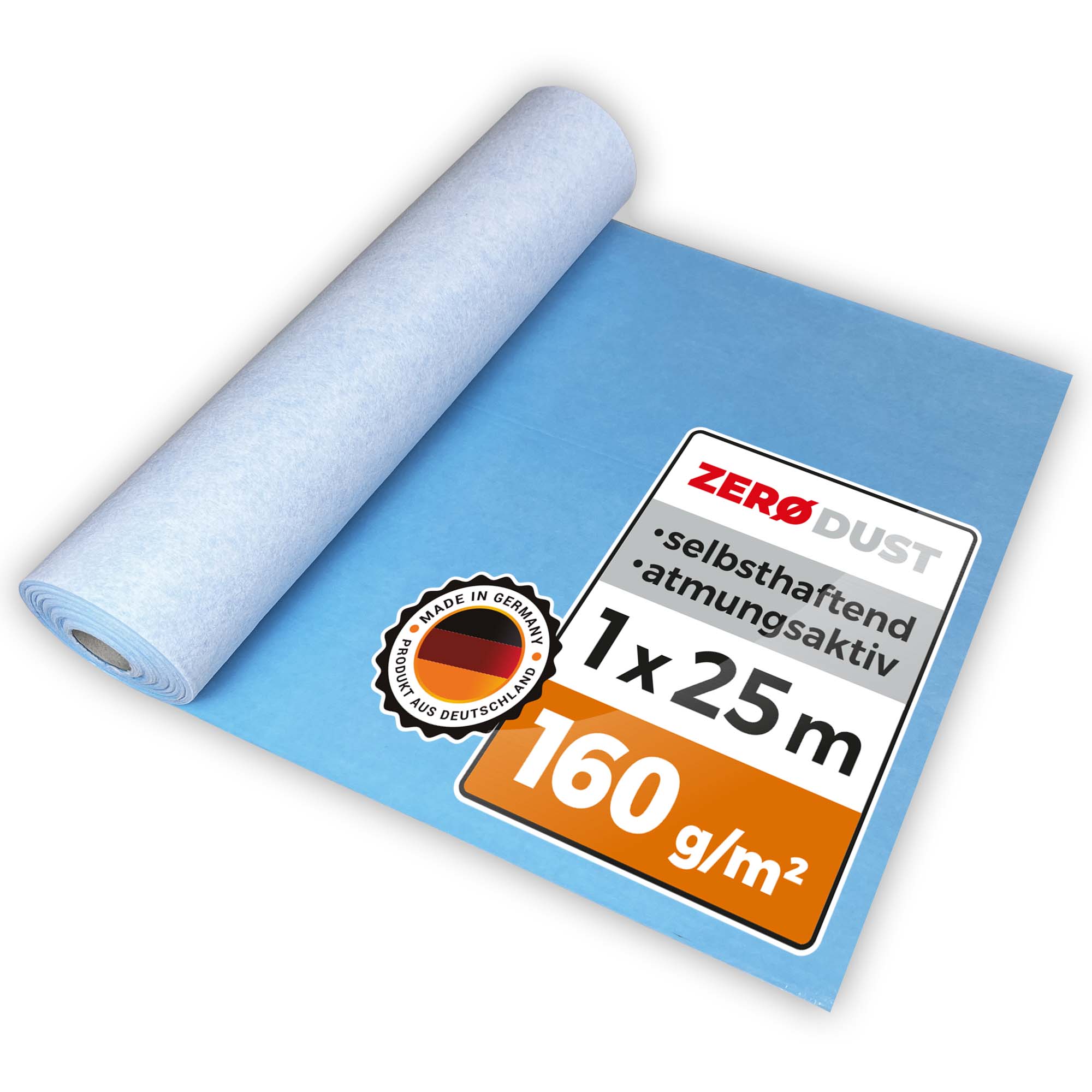 Rolle blaue ZERODUST Abdeckfolie, selbsthaftend und atmungsaktiv, Länge 1 x 25 m, Flächengewicht 160 g/m², Produkt aus Deutschland