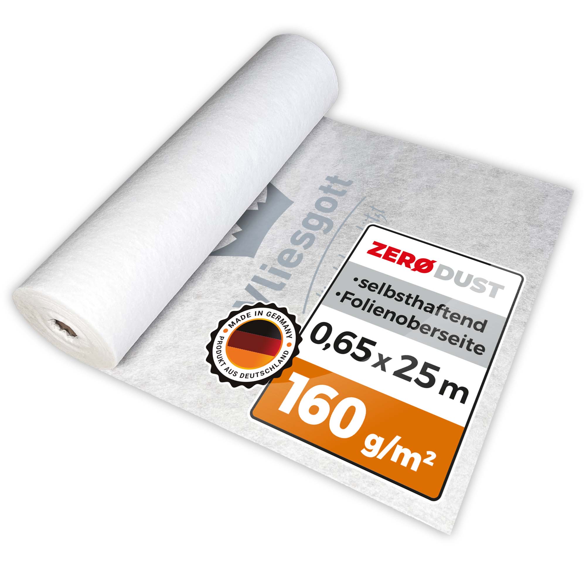 Weiße Vliesgott ZERO DUST Abdeckvlies-Rolle mit Folienoberseite, selbsthaftend, 0,65 x 25 m, 160 g/m², Made in Germany
