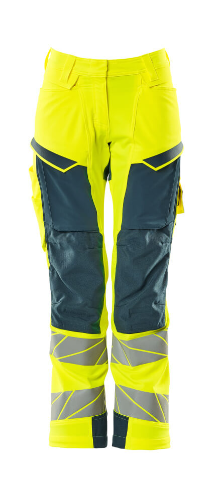 MASCOT® ACCELERATE SAFE Damen-Warnschutzhose mit Knietaschen in Hi-Vis Gelb/Dunkelpetroleum, zweifarbige Arbeitshose mit Reflexstreifen