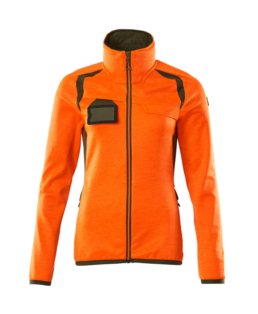 MASCOT® ACCELERATE SAFE Fleecejacke in Damenpassform, zweifarbige Warnschutzjacke in Hi-Vis Orange/Moosgrün, Größe 2XL, frontale Ansicht