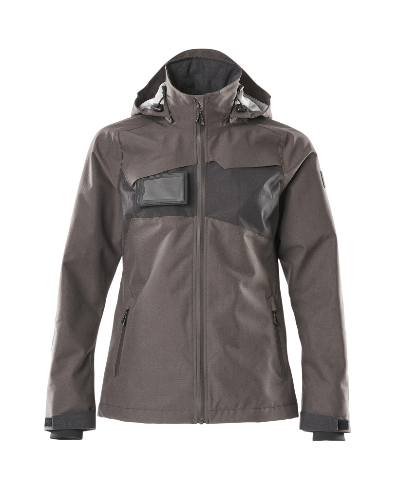 Graue Damen Softshell-Arbeitsjacke mit Kapuze, durchgehendem Reißverschluss, zwei Reißverschlusstaschen und integrierter Ausweistasche auf der Brust