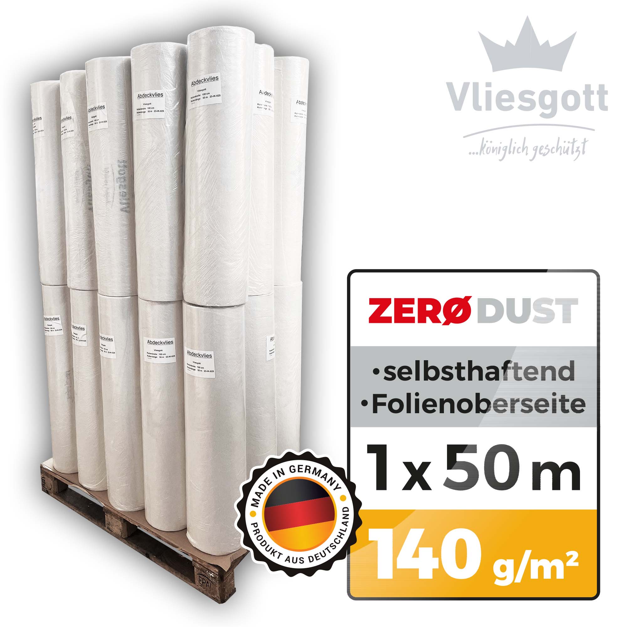 Palette mit Vliesgott Abdeckvlies Zero Dust, selbsthaftendes Malervlies mit Folienoberseite, Rolle 1 x 50 m, 140 g/m², hergestellt in Deutschland