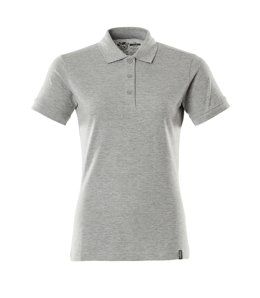 Grau meliertes Damen Poloshirt mit kurzen Ärmeln, klassischem Kragen und dreiknöpfiger Knopfleiste, taillierte Passform