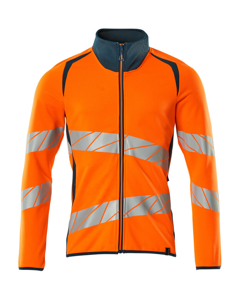 MASCOT® ACCELERATE SAFE Sweatshirt mit Reißverschluss in Hi-Vis Orange/Moosgrün, zweifarbige Warnschutzbekleidung mit reflektierenden Streifen vorne