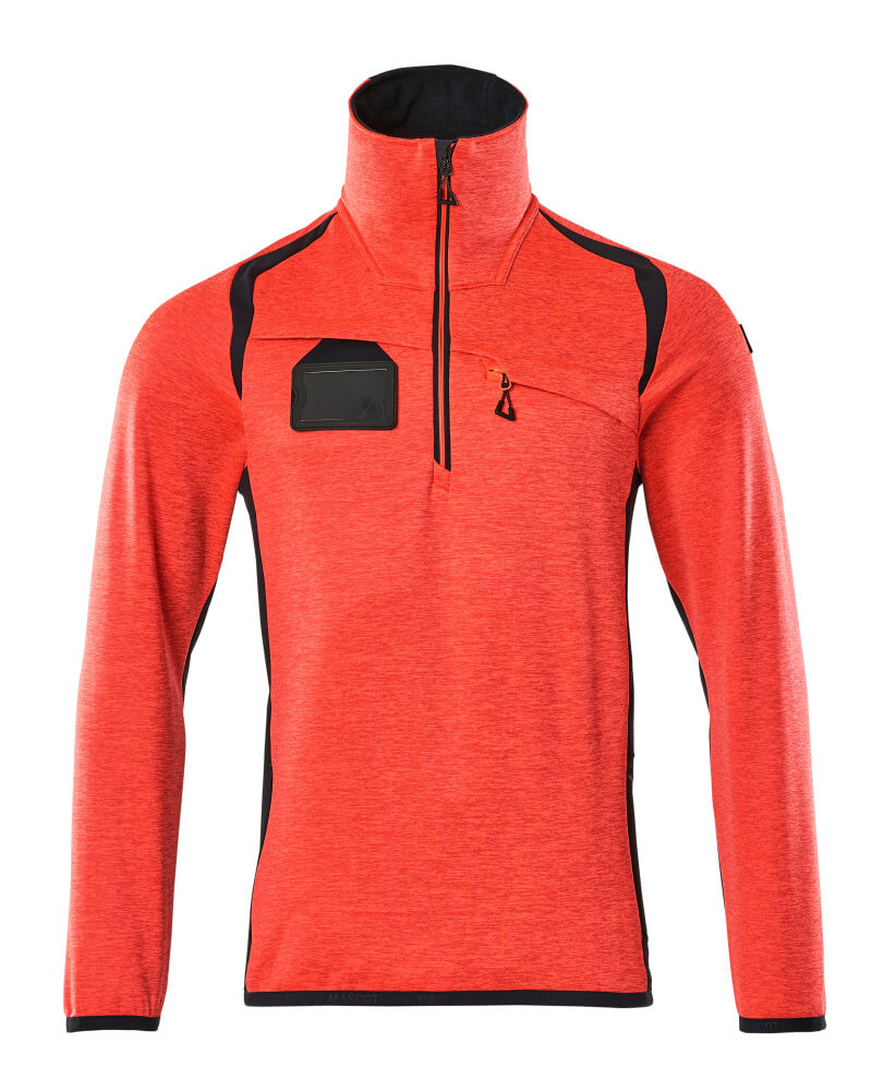 Orangefarbenes langärmeliges Arbeits-Sweatshirt mit halbem Reißverschluss, hohem Kragen und Brusttasche