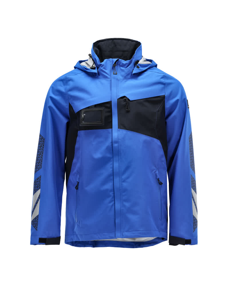 Vorneansicht der MASCOT® ACCELERATE Hardshelljacke in Azurblau/Schwarzblau, wetterfeste Arbeits-Winterjacke in Größe 2XL mit Kapuze und Reflexdetails