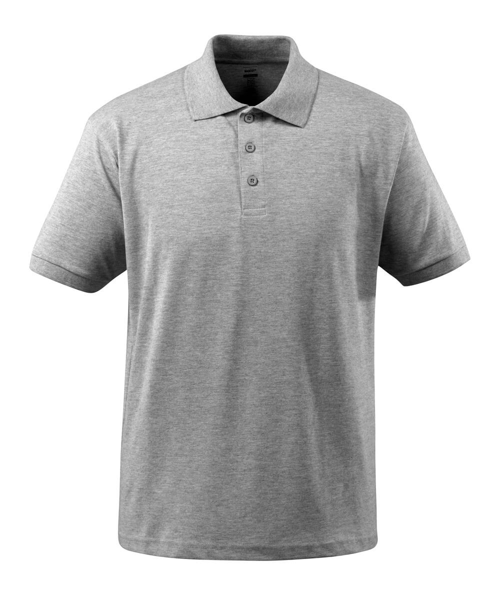 Ansicht eines grauen Kurzarm-Polo-Shirts mit Kragen und dreifacher Knopfleiste vor weißem Hintergrund
