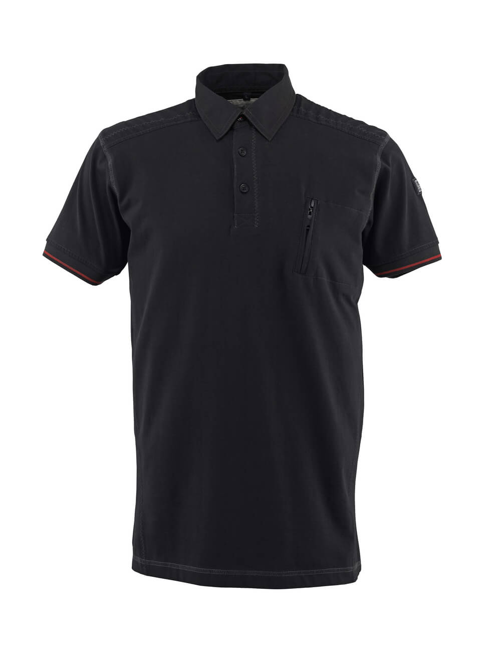 Schwarzes MASCOT® Kreta FRONTLINE Polo-Shirt mit Leinenkragen, Knopfleiste, senkrechter Reißverschluss-Brusttasche und roten Kontrastdetails