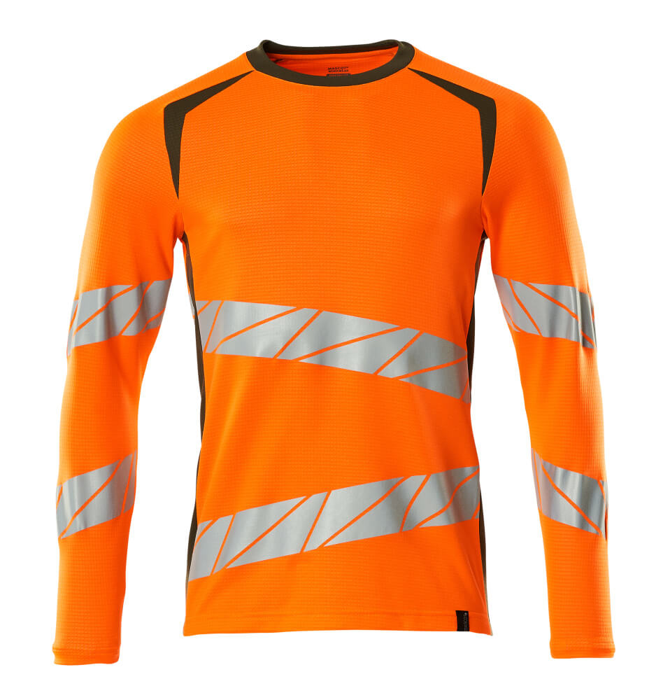 MASCOT® ACCELERATE SAFE Langarmshirt in Hi-vis Orange/Moosgrün, zweifarbige Warnschutzbekleidung mit reflektierenden Streifen, Größe 2XL, Vorderansicht
