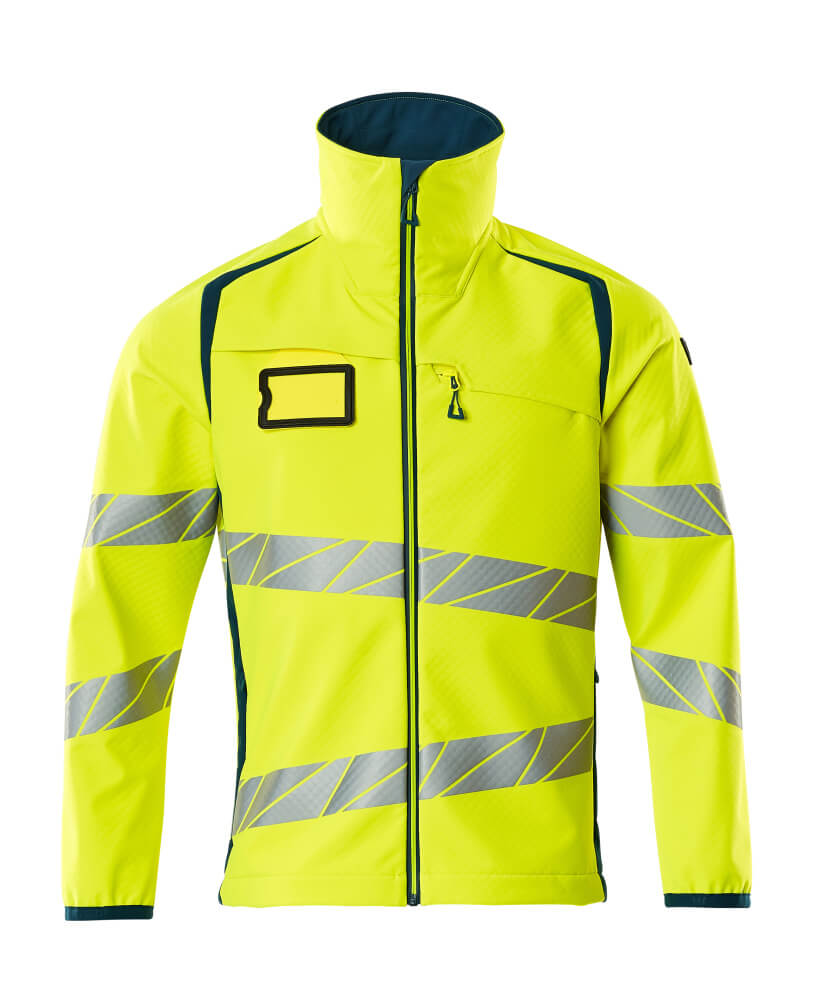 MASCOT® ACCELERATE SAFE Softshelljacke in Hi-Vis Gelb/Dunkelpetroleum, Größe 2XL, zweifarbige Winterwarnschutzjacke mit Reflexstreifen für hohe Sichtbarkeit
