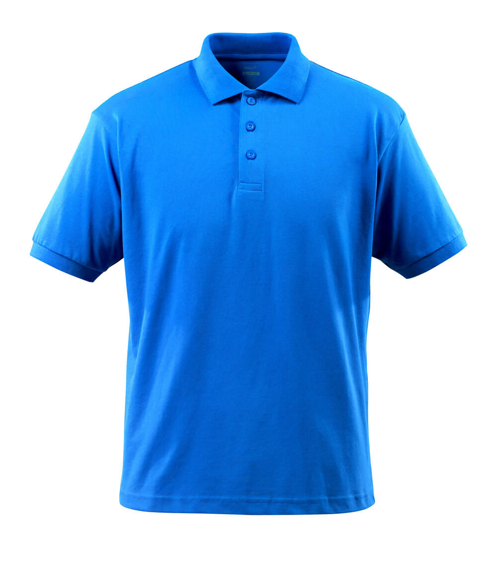 Blaues Kurzarm-Polo-Shirt mit klassischem Kragen und vier Knöpfen, frontal freigestellt