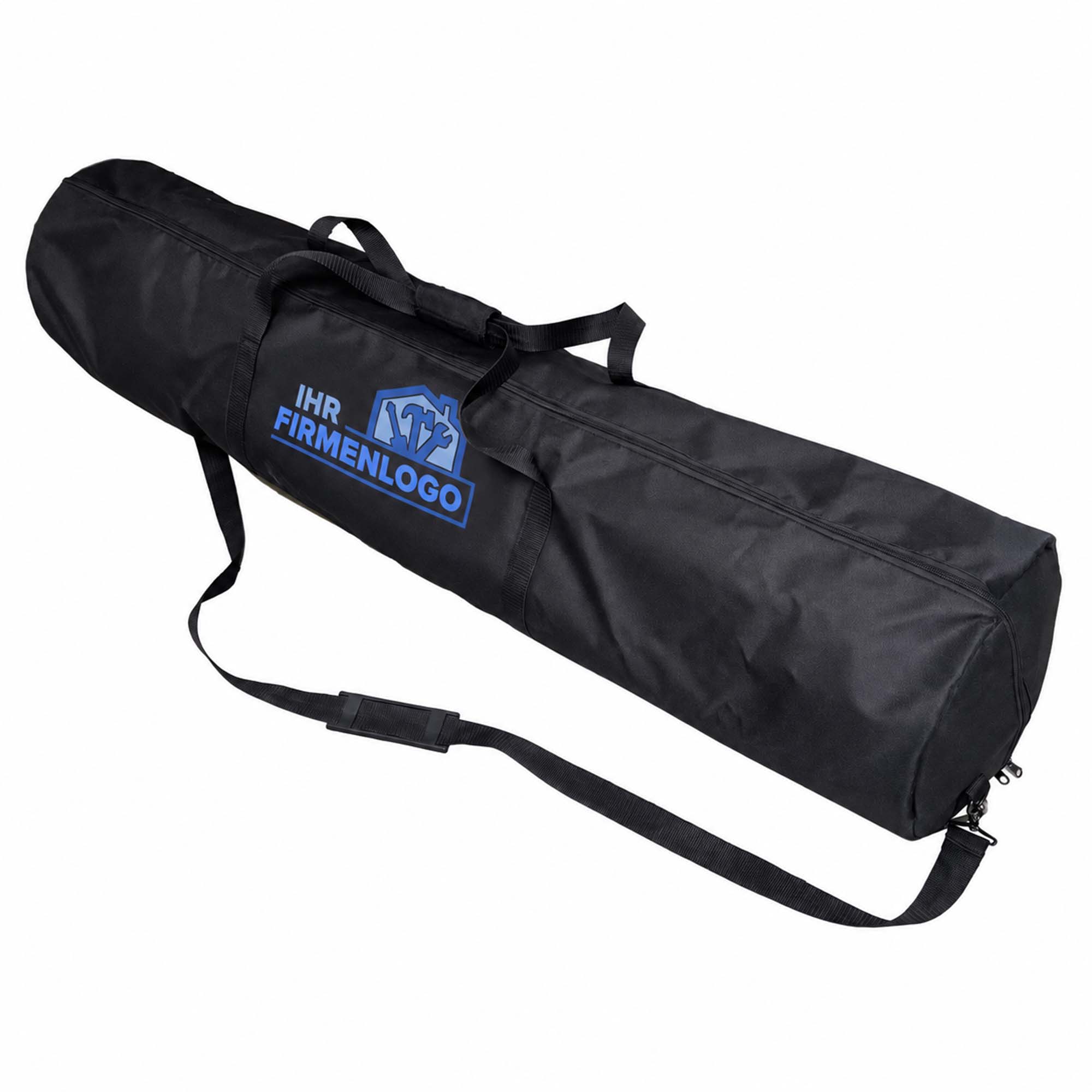 Schwarze Zero Dust MalerMuli Transporttasche für Vliesrolle bis 1,00 x 50 m und Zubehör, mit Tragegriffen, Schultergurt und individuellem Firmenlogo.