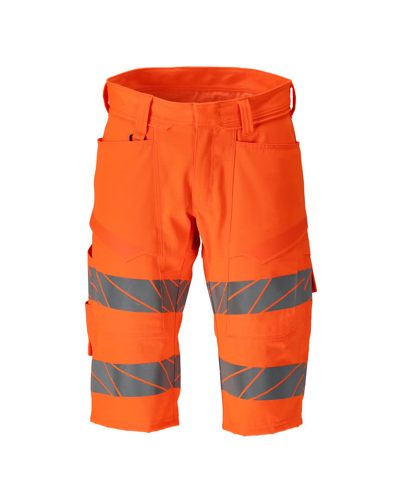 MASCOT® ACCELERATE SAFE lange Shorts in fluoreszierendem Hi-Vis Orange mit Reflexstreifen, robustem Ripstop-Stoff, Stretch-Einsätzen und praktischen Werkzeugtaschen für Arbeit und Warnschutz