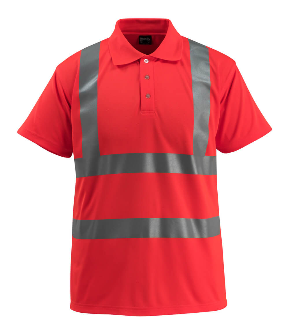 Leuchtrotes MASCOT® Bowen SAFE LIGHT Polo-Shirt aus 100 % Polyester mit senkrechten und waagerechten Reflexstreifen, Rippenkragen und Knopfleiste für hohe Sichtbarkeit im Gebäudebau und Offshore-Bereich