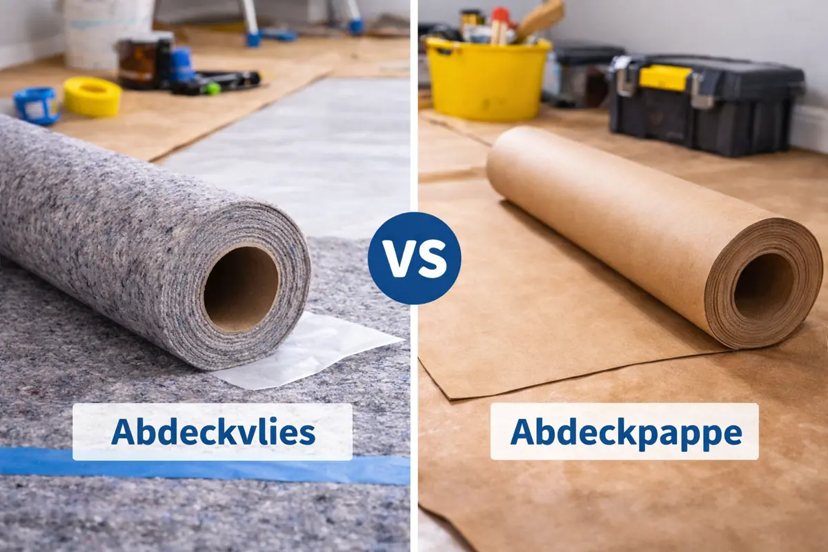 Vergleichsbild von Abdeckvlies und Abdeckpappe als Bodenschutz bei Renovierungsarbeiten, jeweils als Rolle auf dem Boden liegend mit Werkzeugen im Hintergrund