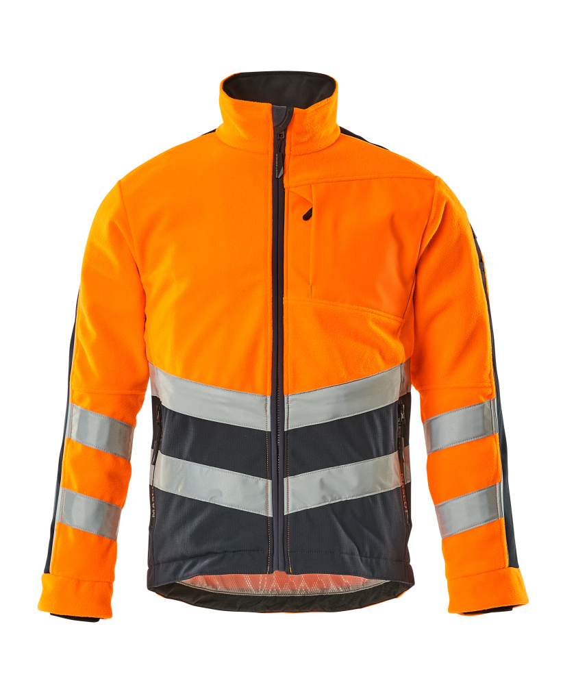 MASCOT® Sheffield SAFE SUPREME Fleecejacke in fluoreszierendem Orange/Schwarzblau mit schrägen Reflexstreifen, wattiert, atmungsaktiv, winddicht, wasserabweisend, mit Brust- und Seitentaschen mit Reißverschluss für Winterwarnschutz