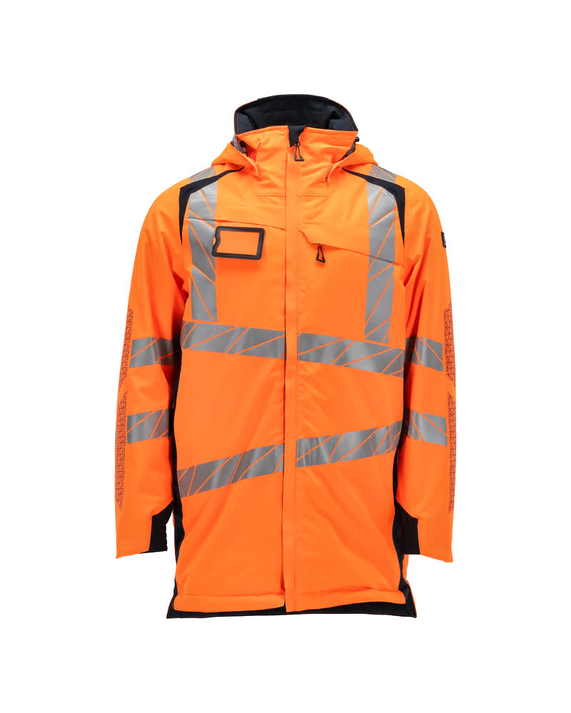 Fluoreszierender MASCOT® ACCELERATE SAFE Parka in Hi-Vis Orange/Schwarzblau mit Reflexstreifen, abnehmbarer Kapuze und CLIMASCOT®-Isolierung, Vorderansicht