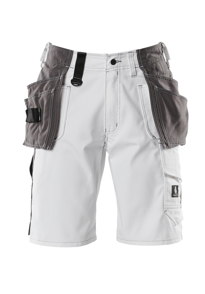Vorderansicht der weißen MASCOT® Zafra HARDWEAR Arbeitsshorts mit grauen CORDURA®-Hängetaschen, vielen Werkzeugtaschen und robusten Kappnähten für Handwerker